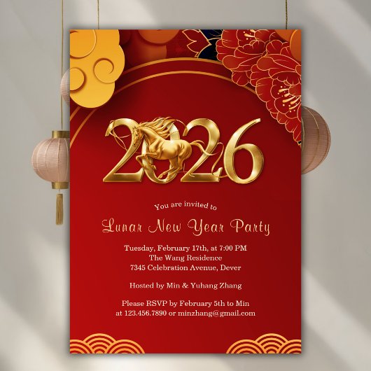 Red Gold 2026 Horse Chinese Lunar New Year Party Einladung