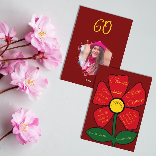 Red & Gold 60. Geburtstag Einfache Doodle-Blume Einladung