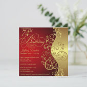 Red & Gold 74. Geburtstagsparty Einladung (Stehend Vorderseite)