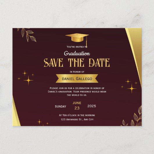 Red Gold Abschluss Save the Date Postkarte (Vorderseite)