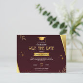 Red Gold Abschluss Save the Date Postkarte (Stehend Vorderseite)