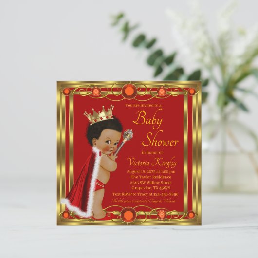 Red Gold Afro Prince Baby Dusche Einladung (Stehend Vorderseite)