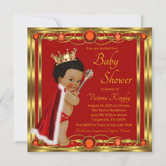 Red Gold Afro Prince Baby Dusche Einladung (Vorderseite)