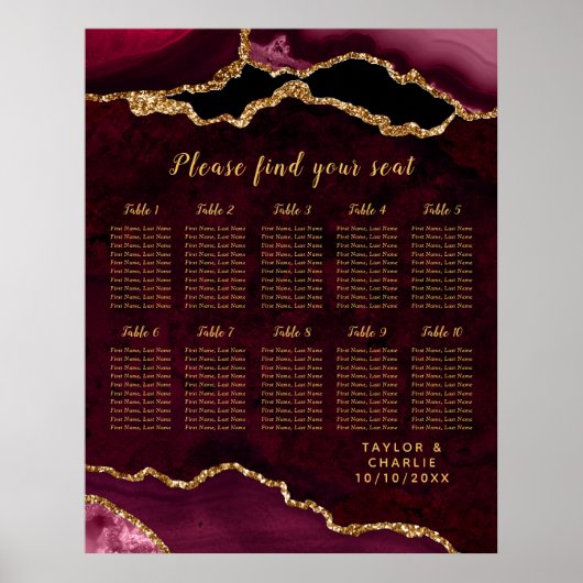 Red Gold Agate Wedding Seating Chart 10 Table Poster (Vorne)