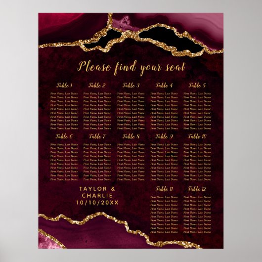 Red Gold Agate Wedding Seating Chart 12 Table Poster (Vorne)