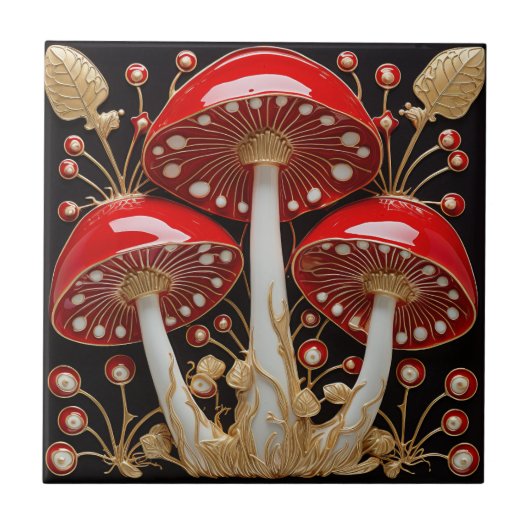 Red Gold Amanita Muscaria Mushroom 3D-Effekt Fliese (Vorderseite)