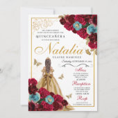 Red Gold Aquamarin Floral Quinceanera Geburtstag Einladung (Vorderseite)