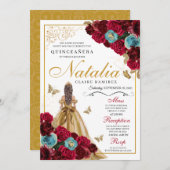 Red Gold Aquamarin Floral Quinceanera Geburtstag Einladung (Vorne/Hinten)