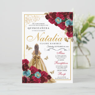 Red Gold Aquamarin Floral Quinceanera Geburtstag Einladung