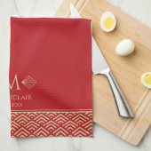 Red & Gold Art Deco Japanischer Lüfter Custom Mono Geschirrtuch (Viertel Falte)