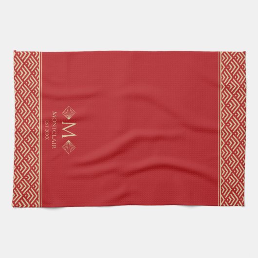 Red & Gold Art Deco Japanischer Lüfter Custom Mono Geschirrtuch (Horizontal)