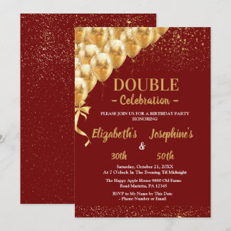Red Gold Balloons Glitzer Dual Birthday Soiree Einladung