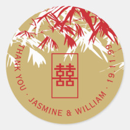 Red & Gold Bamboo Blätter Shuang Xi Chinese Weddin Runder Aufkleber