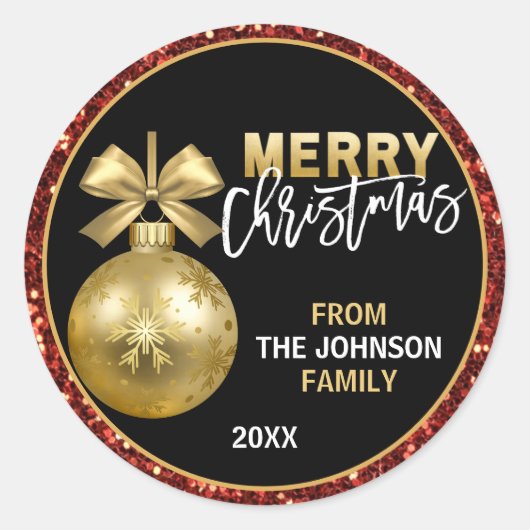 Red Gold Bauble Ornament Glitzer Frohe Weihnachten Runder Aufkleber (Vorderseite)