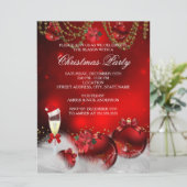 Red Gold Baubles Champagne Weihnachts-Party Einladung (Stehend Vorderseite)