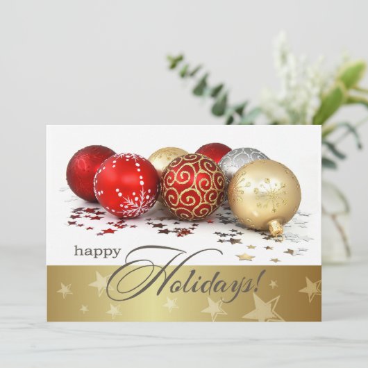 Red Gold Baubles Feiertag Einladung (Stehend Vorderseite)