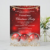Red Gold Baubles Friendsmas Christmas Party Einladung (Stehend Vorderseite)