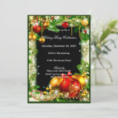 Red Gold Baubles Pine Christmas Party Einladung (Stehend Vorderseite)