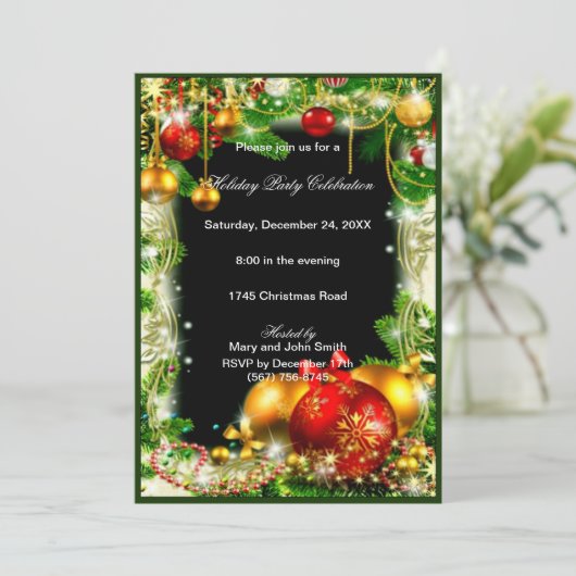 Red Gold Baubles Pine Christmas Party Einladung (Stehend Vorderseite)