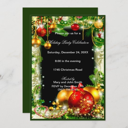 Red Gold Baubles Pine Christmas Party Einladung (Vorne/Hinten)