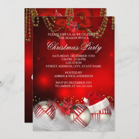 Red Gold Baubles Weihnachtsmannmütze Weihnachts-Pa Einladung (Vorne/Hinten)