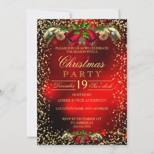 Red Gold Bells Heilige Weihnachtsfeier Einladung (Vorderseite)