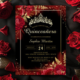 Red Gold Black Butterfly Floral Quinceanera Folieneinladung