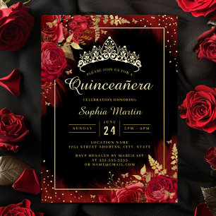 Red Gold Black Butterfly Floral Quinceanera Folieneinladung