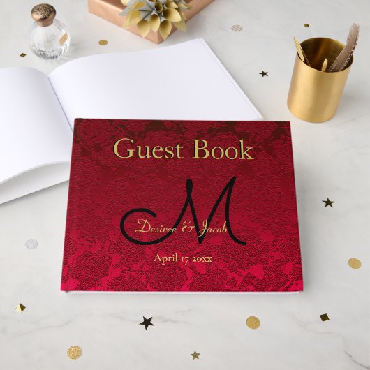 Red Gold Black Christmas Winter Wedding Monogram Gästebuch (Vorderseite Offen)