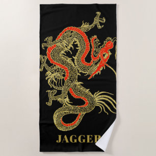Red Gold Black Fantasy Chinese Dragon Monogram Strandtuch