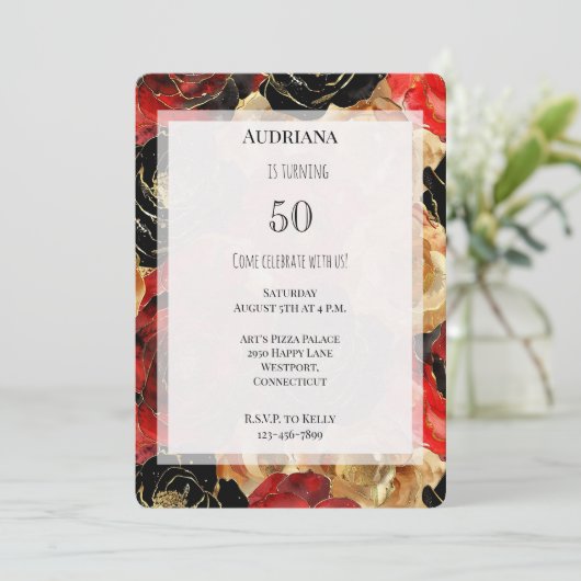 Red Gold Black Floral 50. Geburtstag Einladung (Stehend Vorderseite)