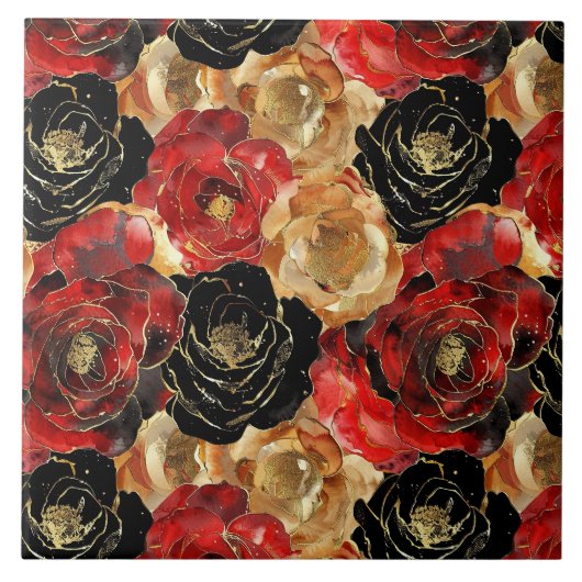 Red Gold Black Floral Fliese (Vorderseite)