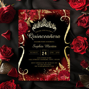 Red Gold Black Floral Scroll Quinceanera Folieneinladung