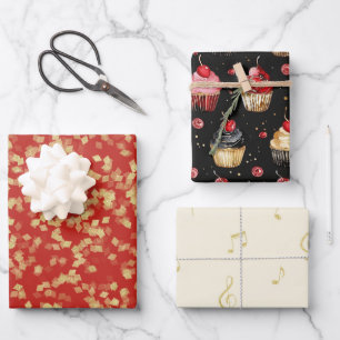 Red Gold Black Musiknotens Cupcakes Brautparty Geschenkpapier Set