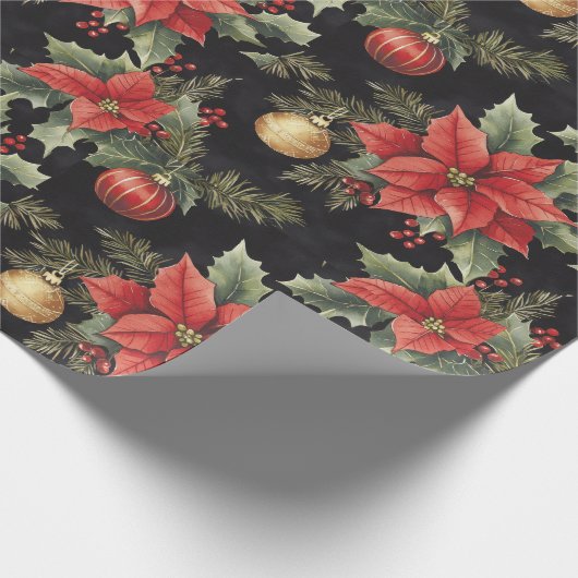 Red, Gold, Black Poinsettia Christmas | Geschenkpapier (Ecke)