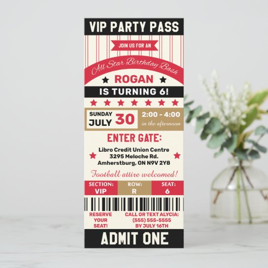 Red, Gold & Black Sports VIP Ticket Birthday Party Einladung (Stehend Vorderseite)