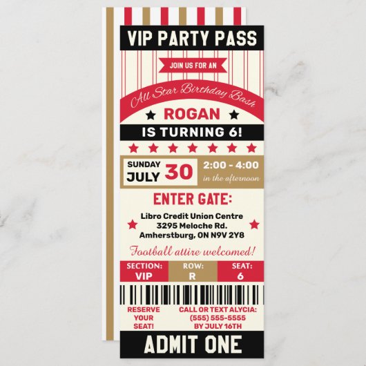 Red, Gold & Black Sports VIP Ticket Birthday Party Einladung (Vorne/Hinten)