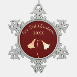 Red Gold Blume Couple's First Christmas Schneeflocken Zinn-Ornament