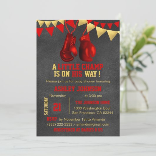 Red Gold Boy Boxe Boxing Baby Shower Einladungen (Stehend Vorderseite)