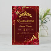 Red Gold Butterfly Floral Quinceanera Folieneinladung (Stehend vorne)