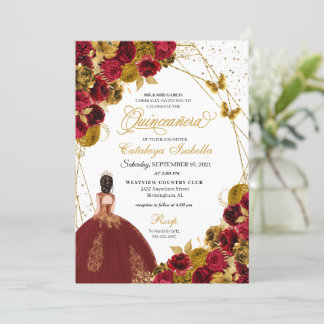 Red Gold Butterfly Princess Quinceanera Einladung