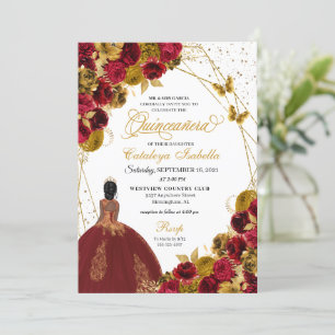 Red Gold Butterfly Princess Quinceanera Einladung
