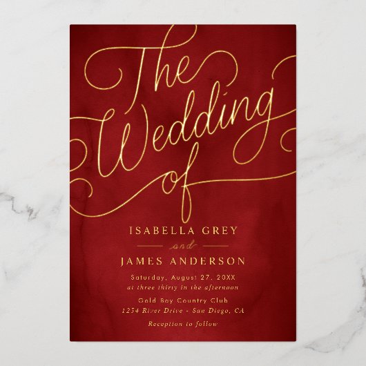 Red Gold Calligraphy Script Wedding Folieneinladung (Vorderseite)