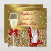 Red Gold Champagne Heelse Geburtstagsparty Einladung (Vorne/Hinten)
