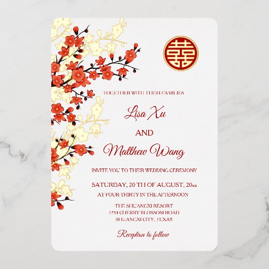 Red Gold Cherry Blosso | Chinesische Hochzeit Folieneinladung (Vorderseite)