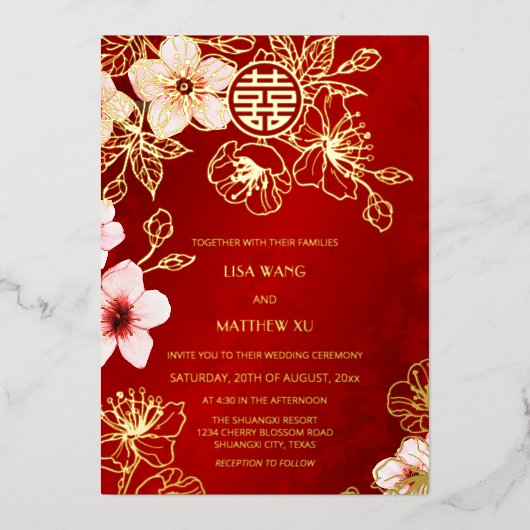 Red Gold Cherry Blossom Chinese Wedding Folieneinladung (Vorderseite)