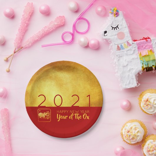 Red Gold Chinese Ox Paper-cut 2021 PP Pappteller (Party)