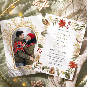 Red Gold Christmas Floral Foto Brautparty Einladung
