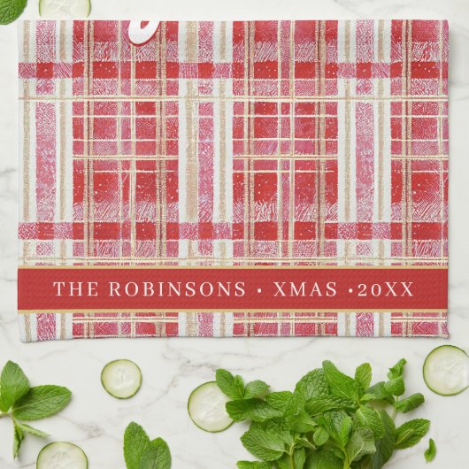 Red Gold Christmas Kariert Pattern#2 ID1009 Geschirrtuch (Gefaltet)