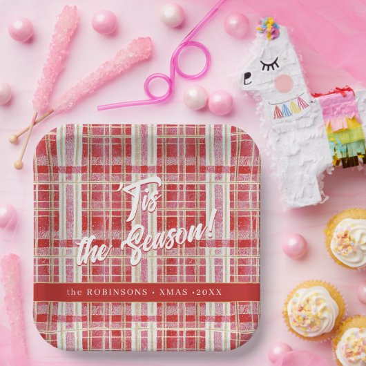 Red Gold Christmas Kariert Pattern#2 ID1009 Pappteller (Party)